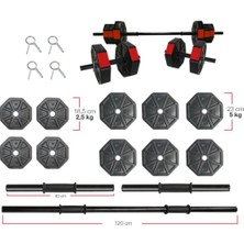 Feyza Design 40 kg Düz Barlı Dambıl Seti 150 cm Halter Vücut Geliştirme Kırmızı Kapak