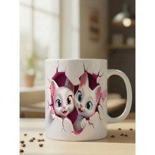 Nivra Grup Sevimli Kalp'li Kedi Temalı 3D Baskılı Porselen Kupa Bardak