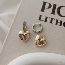 Lente Aksesuar Mix Renk Taşlı Kilitli Kalp Küpe - Gold Gümüş Kaplama Çizgili Kalp Küpe