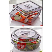 2 Li̇ Set Kare ve Yuvarlak Silikon Contalı Akrilik Borcam Kapaklı Saklama Kabı Mikrodalga Kabı