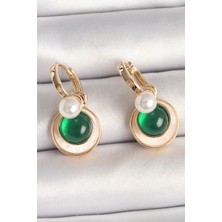 Pirinç Gold Renk Beyaz Yeşil Sallantı Mineli Kadın Küpe - TJ-BKP10363