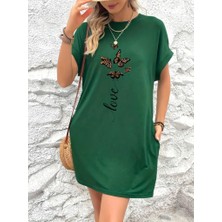 Etiler Collection Kadın Kısa Kollu Bisiklet Yaka Cepli Kelebek Baskılı Viskon Elbise