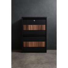 Karlı 2'li Kilitli Siyah Metal Ayakkabılık Ahşap Desenli