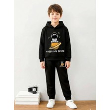 Machi Astronot Baskılı Pamuklu Içi Şardonlu Erkek Kız Unisex Çocuk Kapüşonlu Eşofman Takımı - Siyah