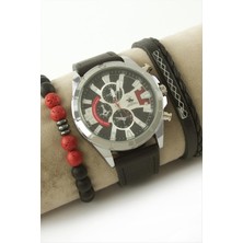 Bijuteri Net Kayışlı Erkek Kol Saati ve Bileklik Kombini