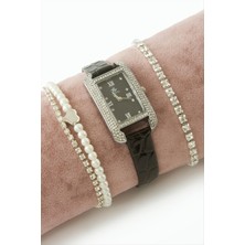 Bijuteri Net Taşlı Kayışlı Bayan Kol Saati ve Bileklik Kombini