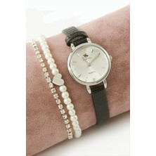 Bijuteri Net Kayışlı Bayan Kol Saati ve Bileklik Kombini