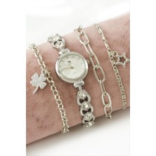 Bijuteri Net Taşlı Metal Kordonlu Bayan Kol Saati ve Bileklik Kombini