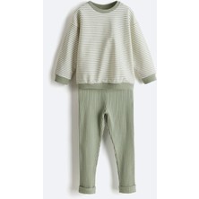 Lc Waikiki Yeni Sezon Çizgili Kız Bebek Sweatshirt ve Tayt 2'li