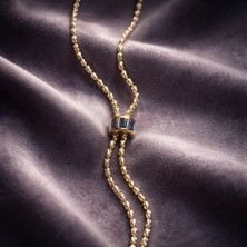 Çelik Kadın 14 K Uzun Sallantılı Mavi Taşlı Kolye