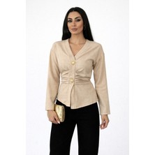 Cuyka Kadın Keten Arka Bağlamalı Düğme Detaylı Bluz