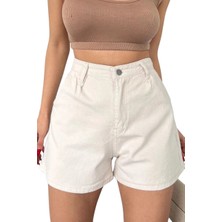 Mini Denim Şort Cepli  -Krem
