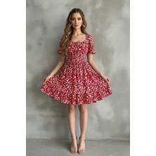 Modanı Seç Kayık Yaka Gipeli Bürümcük Mini Elbise – Kırmızı