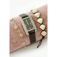 Ahes Shopping Taşlı Kayışlı Bayan Kol Saati ve Bileklik Kombini