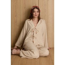 FullaModa Önü Bağlamalı Keten Kimono 2 Li Takım