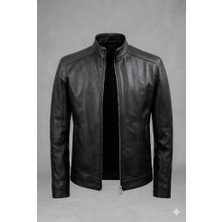VERRA Hakiki Deri Siyah Erkek Deri Mont - Hakim Yaka Fermuarlı Slim Fit Modern Tasarım