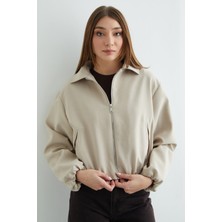 FullaModa Fermuarlı Polo Yaka Crop Bomber Ceket
