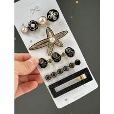 Gold Siyah Deniz Yıldızı Tema 5 Li Set Saç Tokası Seti Çoklu Figürlü Toka Seti