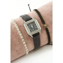 Ahes Shopping Taşlı Kayışlı Bayan Kol Saati ve Bileklik Kombini