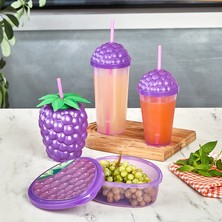 Yazıcı Böğürtlen Desenli Saklama Kabı ve 3’lü Pipetli Bardak Seti – 800 ml Saklama Kabı Bardaklar