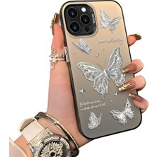 Ucuc iPhone 15 Pro Uyumlu Akrilik Sert Arka Telefon Kılıfı Yan Silikon Darbe Önleyici Lens Korumalı Sevgili Kelebek Desenli  Kapak