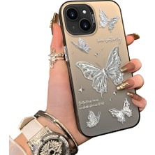 Ucuc iPhone 15 Plus/14 Plus Uyumlu Akrilik Sert Arka Telefon Kılıfı Yan Silikon Darbe Önleyici Lens Korumalı Sevgili Kelebek Desenli  Kapak