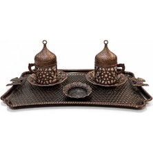 🟤 Döküm Bakır Işlemeli Türk Kahvesi Fincan Seti 2 Kişilik Tepsili – Osmanlı Desen