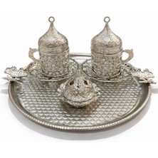Döküm Bakır Ikili Türk Kahvesi Sunum Seti Tepsili