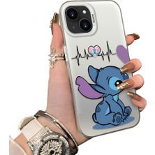 Ucuc iPhone 14 Uyumlu Telefon Kılıfı Stitch Desenli Akrilik Sert Arka Silikon Kenar Lens Korumalı Darbe Koruma