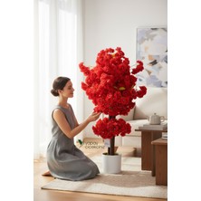 PremiumPort Beyaz Saksıda Çim Detaylı Kırmızı Yapay Bahar Ağacı 100 cm Lüks Dekorasyon