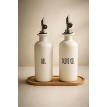 Morponi Bambu Stantlı 2'li Beyaz Gümüş Başlıklı Cam Yağdanlık Seti | Oil-Olive Oil-Vinegar-Sauce 500 ml