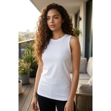 Beyaz Slim Fit Basic O Yaka Sıfır Kol Kadın Atlet - 97313