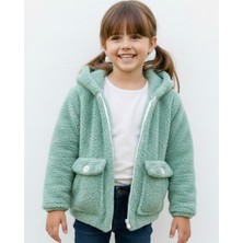 Ege Bebek Kız Çocuk Cep Detaylı, Kışlık Peluş Kuzu Hırka,5-6-7-8-9-10 Yaş Kapüşonlu Hırka, Ceket, Kaban