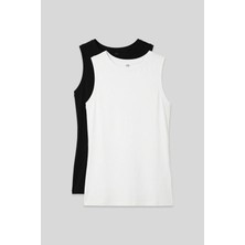 TOMMY LIFE Slim Fit Basic O Yaka 2li Paket Siyah-Beyaz Kadın Atlet - 97313