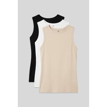 TOMMY LIFE Slim Fit Basic O Yaka 3lü Paket Siyah-Beyaz-Bej Kadın Atlet - 97313