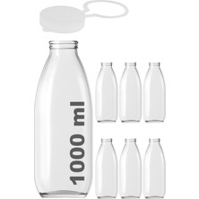 Afracam 1000 ml Şeffaf Sürahi, Karaf, Süt, Ayran, Su, Limonata Şişesi 1000 cc Askılı Kapaklı Cam Şişe 6 Adet