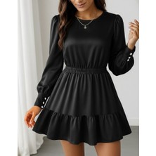 Bet's  Kadın Uzun Kollu Bisiklet Yaka Beli Lastikli Fırfırlı Ithal Krep Elbise