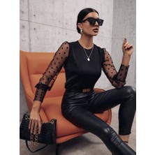 Bet's  Kadın Uzun Kollu Bisiklet Yaka Kollar Puantiyeli Tül Detaylı Sandy Bluz