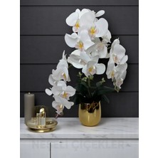 PremiumPort Beyaz Orkide 3 Dallı Yapay Çiçek Gold Metal Saksı 55 cm Ev Dekoru