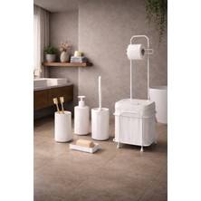 Decorev Beyaz 6'lı Banyo Aksesuar Seti Metal Standlı Tuvalet WC Kağıtlık 5 Litre Şık Tasarım