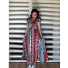 Bet's  Kadın Kısa Kollu V Yakalı Desenli Yandan Yırtmaçlı Süprem Elbise