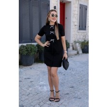 Bet's  Kadın Kısa Kollu Bisiklet Yaka Önden Fiyonk Detaylı Ithal Krep Elbise