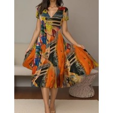 Bet's  Kadın Kısa Kollu V Yaka Renkli Karışık Desen Kloş Süprem Midi Elbise