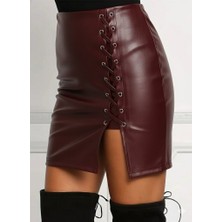 Bet's  Kadın Yüksek Bel Yandan Çapraz Bağcıklı Yırtmaçlı Mini Deri Etek