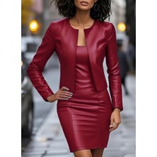 Bet's  Kadın Uzun Kollu Önü Açık Deri Ceket ve Askılı Yuvarlak Yakalı Mini Elbise Ikili Takım