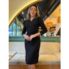 Bet's  Kadın Uzun Kollu Düğme Detaylı Kendinden Kemerli Ithal Krep Elbise