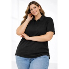 Bet's  Pike Kumaş Düğmeli Yaka Battal Büyük Beden Günlük Kısa Kol Tişört T-Shirt - Siyah