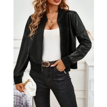 Bet's  Kadın Uzun Kollu Önden Fermuarlı Deri Kısa Ceket