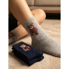 Orbit 3'lü Premium Jakarlı Pamuklu Çorap Seti - Kendinden Dokuma Ayıcık Desenli - Lacivert & Gri ve Siyah & Bordo- Kolej Tarzı Hediye Paketi