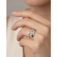 925 Ayar Gümüş Yeşil Yaprak Zümrüt Özel Tasarım Free Sıze Kadın Yüzük Y211